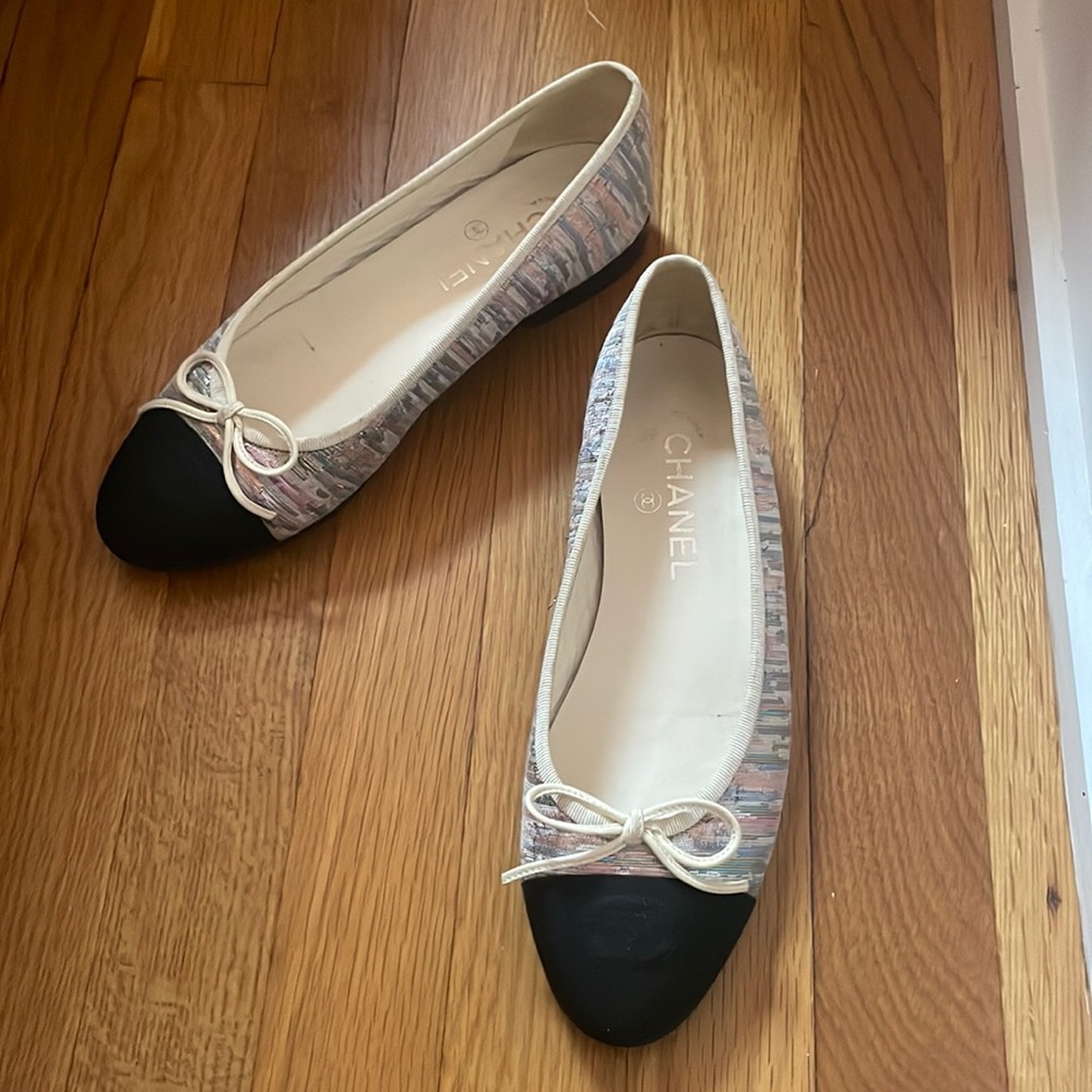 Chanel black & white metallic tweed ballet flat